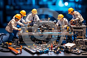 Miniature technicians team of engineers repairing computer