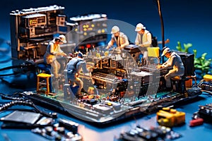 Miniature technicians team of engineers repairing computer