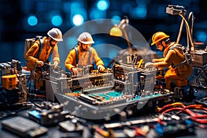 Miniature technicians team of engineers repairing computer