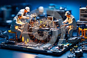 Miniature technicians team of engineers repairing computer