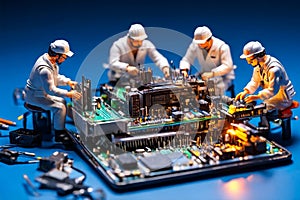 Miniature technicians team of engineers repairing computer