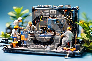 Miniature technicians team of engineers repairing computer