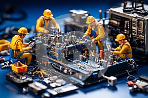 Miniature technicians team of engineers repairing computer