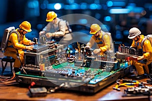 Miniature technicians team of engineers repairing computer