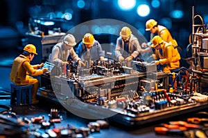 Miniature technicians team of engineers repairing computer