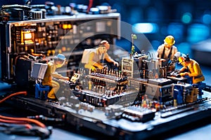 Miniature technicians team of engineers repairing computer