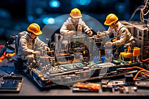 Miniature technicians team of engineers repairing computer