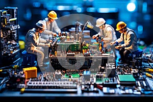 Miniature technicians team of engineers repairing computer