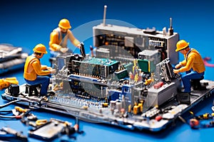 Miniature technicians team of engineers repairing computer