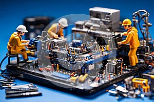 Miniature technicians team of engineers repairing computer