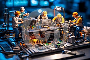 Miniature technicians team of engineers repairing computer