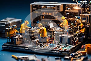 Miniature technicians team of engineers repairing computer