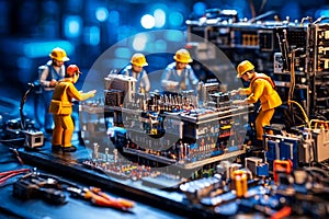 Miniature technicians team of engineers repairing computer