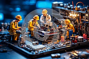 Miniature technicians team of engineers repairing computer