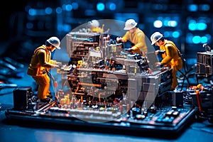 Miniature technicians team of engineers repairing computer