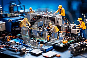 Miniature technicians team of engineers repairing computer