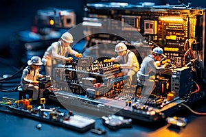 Miniature technicians working on a computer circuit board