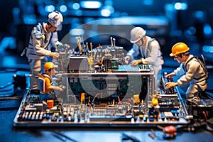 Miniature technicians working on a computer circuit board