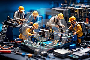 Miniature technicians working on a computer circuit board photo