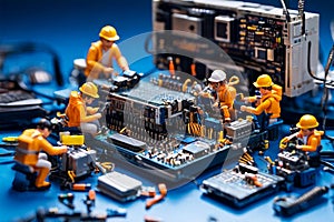 Miniature technicians working on a computer circuit board photo