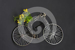 Miniature toy bike with yellow flowers bouquet on black background