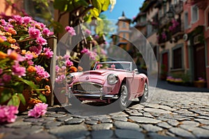 A miniature toy car parked on a cobblestone street surrounded by flowers