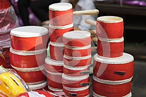 Miniature toy drums for sale on Hang Ma street. The street are busy before Vietnamese Mid-Autumn Festival for children who receive