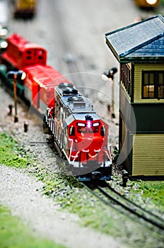 Miniature toy model train locomotives on display