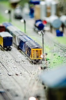 Miniature toy model train locomotives on display