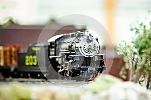 Miniature toy model train locomotives on display