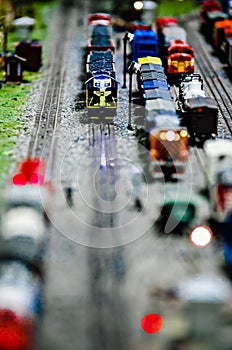 Miniature toy model train locomotives on display