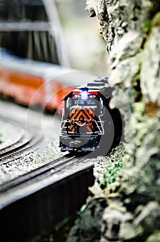 Miniature toy model train locomotives on display