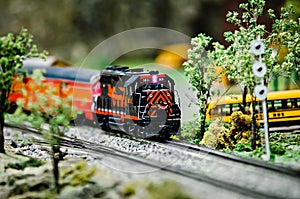 Miniature toy model train locomotives on display