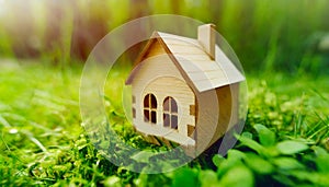 Miniature toy wooden house standing on spring fresh green grass. eco-friendly concept. Mockup background with empty space for text