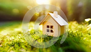 Miniature toy wooden house standing on spring fresh green grass. eco-friendly concept. Mockup background with empty space for text