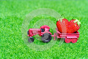 Miniature Tractor with Fresh Strawberries on Green Meadow