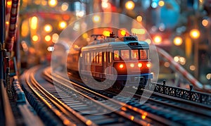 Miniature train model on railway track in night cityscape