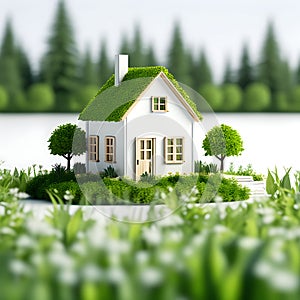 Miniature Tranquility: Toy Model of a Small Country House in Green Plants with a Grass Roof - Isolated on White Background with