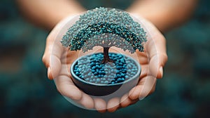Miniature tree growing on human hands, symbolizing environmental conservation.