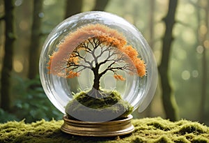A miniature tree growing inside a glass sphere