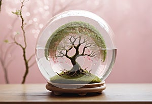 A miniature tree growing inside a glass sphere