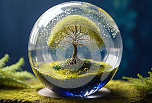 A miniature tree growing inside a glass sphere