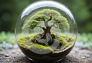 A miniature tree growing inside a glass sphere