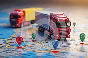 Miniature Trucks on GPS Map Depicting Global Logistics Network