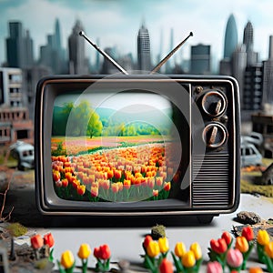 Miniature Tulip Field on Post-Apocalyptic Landscape TV Background
