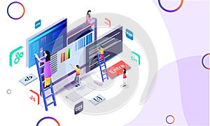 Miniature web developer maintaining the website or analyst analysis data. Isometric design for teamwork or Web Developing concept.