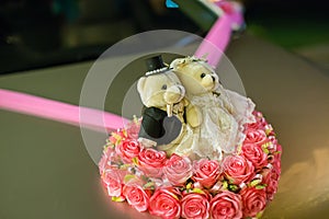 Miniature wedding doll with blur background on car.