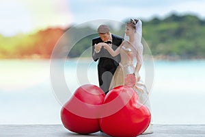 Miniature wedding doll with red hearts on sea background. Wedding bride and groom couple doll in wedding reception. Concept