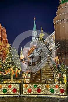 Miniature Windmill and Maslenitsa Decorations at Kremlin Towers in Twilight