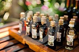 miniature wine bottles with labels as party favors